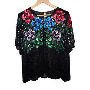 ROYAL FEELINGS Vtg Silk Sequin Evening Blouse Top Jewel Tone Floral Large Unique